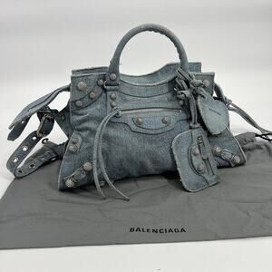 AUTHENTIC BALENCIAGA Neo Cagole City Handbag Denim Rhinestone Bag 2023